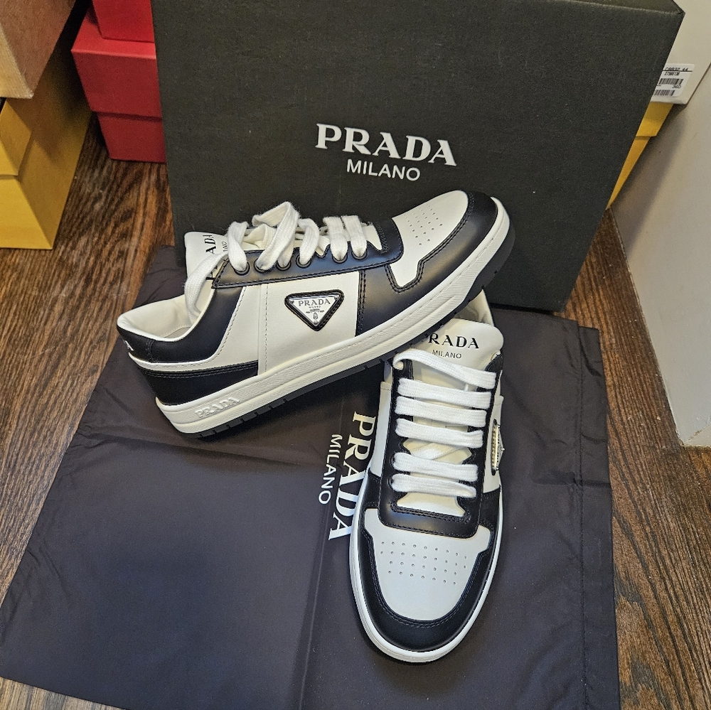PRADA Women’s ‘Downtown’ Logo Leather Sneakers Black & White Size 38 - Picture 2 of 10